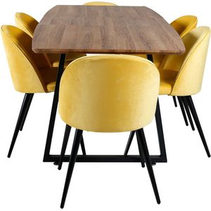 IncaNABL eethoek eetkamertafel uitschuifbare tafel lengte cm 160 / 200 el hout decor en 6 Velvet eetkamerstal velours geel, zwart.