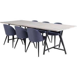 Jepara eethoek eetkamertafel teakhout en 6 Velvet eetkamerstal blauw.