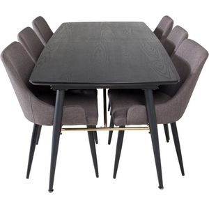 Gold eethoek eetkamertafel uitschuifbare tafel lengte cm 180 / 220 zwart en 6 Plaza eetkamerstal grijs, zwart.