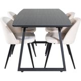 IncaBLBL eethoek eetkamertafel uitschuifbare tafel lengte cm 160 / 200 zwart en 4 Velvet eetkamerstal velours beige,
