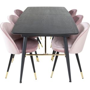 Gold eethoek eetkamertafel uitschuifbare tafel lengte cm 180 / 220 zwart en 6 Velvet eetkamerstal velours roze, zwart,