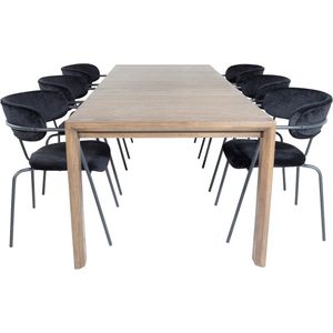 SliderOS eethoek eetkamertafel uitschuifbare tafel lengte cm 170 / 250 rokerig eik en 6 Arrow eetkamerstal velours zwart.