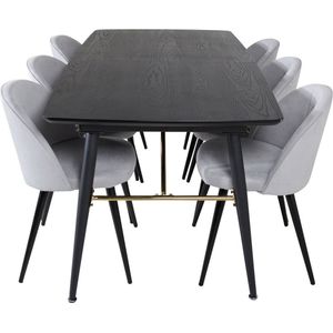 Gold eethoek eetkamertafel uitschuifbare tafel lengte cm 180 / 220 zwart en 6 Velvet eetkamerstal fluweel lichtgrijs, zwart.