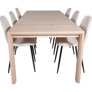 SliderWW eethoek eetkamertafel uitschuifbare tafel lengte cm 170 / 250 eik wit washeded en 6 Polar eetkamerstal velours