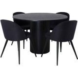 Bianca eethoek tafel zwart en 4 Velvet stoelen zwart.