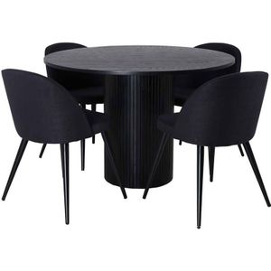 Bianca eethoek tafel zwart en 4 Velvet stoelen zwart.