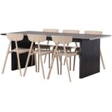 Vail eethoek tafel zwart en 6 Ursholmen stoelen beige.