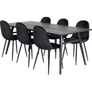 Sleek eethoek eetkamertafel uitschuifbare tafel lengte cm 195 / 280 zwart en 6 Polar eetkamerstal velours zwart.