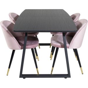IncaBLBL eethoek eetkamertafel uitschuifbare tafel lengte cm 160 / 200 zwart en 4 Velvet eetkamerstal velours roze, zwart, messing decor.