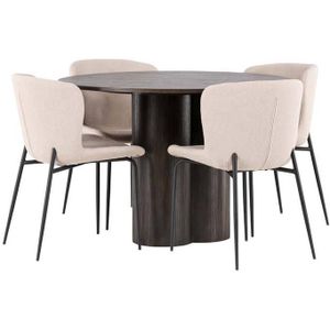 Olivia eethoek tafel mokka en 4 Modesto stoelen beige.