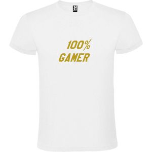 Wit T-Shirt met “ 100 % Gamer “ afbeelding Goud Size XL