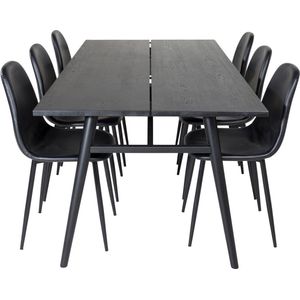 Sleek eethoek eetkamertafel uitschuifbare tafel lengte cm 195 / 280 zwart en 6 Polar eetkamerstal PU kunstleer zwart PU