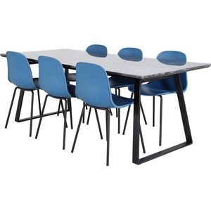 EstelleBLBL eethoek eetkamertafel zwart, marmer en 6 Arctic eetkamerstal blauw, zwart.