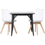 Tempe eethoek tafel zwart en 2 Edvin stoelen transparant.