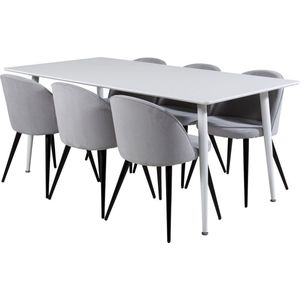 Polar180X90WHWH eethoek eetkamertafel wit en 6 Velvet eetkamerstal fluweel lichtgrijs, zwart.