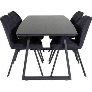 IncaBLBL eethoek eetkamertafel uitschuifbare tafel lengte cm 160 / 200 zwart en 4 Gemma eetkamerstal zwart.