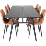 Sleek eethoek eetkamertafel uitschuifbare tafel lengte cm 195 / 280 zwart en 6 Polar eetkamerstal PU kunstleer bruin.