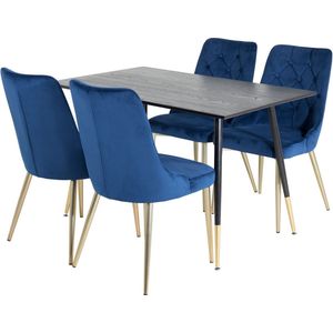 Dipp120x85BLBR eethoek eetkamertafel zwart en 4 Velvet Deluxe eetkamerstal velours blauw, messing decor.