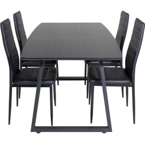 IncaBLBL eethoek eetkamertafel uitschuifbare tafel lengte cm 160 / 200 zwart en 4 Slim High Back eetkamerstal PU kunstleer zwart.
