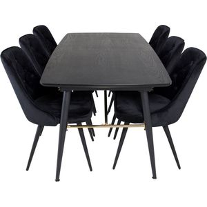 Gold eethoek eetkamertafel uitschuifbare tafel lengte cm 180 / 220 zwart en 6 Velvet Deluxe eetkamerstal velours zwart.