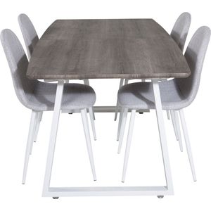IncaNAWH eethoek eetkamertafel uitschuifbare tafel lengte cm 160 / 200 el hout decor grijs en 4 Polar eetkamerstal lichtgrijs, wit.
