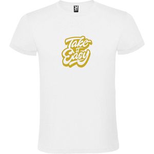 Wit T-Shirt met “ Take it Easy “ afbeelding Goud Size XXXXXL