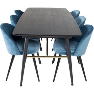 Gold eethoek eetkamertafel uitschuifbare tafel lengte cm 180 / 220 zwart en 6 Velvet eetkamerstal velours blauw, zwart.