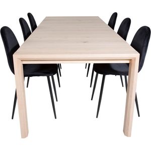 SliderWW eethoek eetkamertafel uitschuifbare tafel lengte cm 170 / 250 eik wit washeded en 6 Polar eetkamerstal velours zwart.