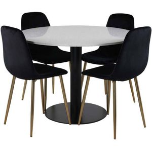 Razzia eethoek tafel wit en 4 Polar stoelen zwart.