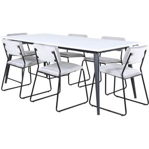 Jimmy195 eethoek eetkamertafel uitschuifbare tafel lengte cm 195 / 285 wit en 6 Kenth eetkamerstal velours grijs.