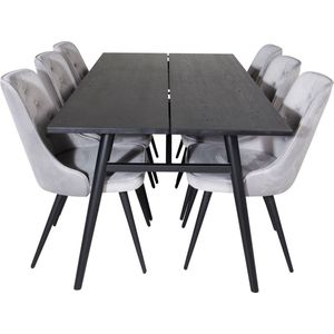 Sleek eethoek eetkamertafel uitschuifbare tafel lengte cm 195 / 280 zwart en 6 Velvet Deluxe eetkamerstal velours lichtgrijs.
