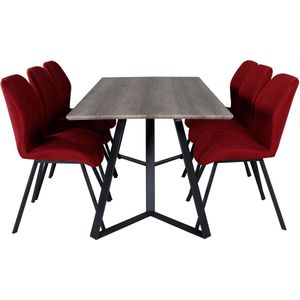 MarinaGRBL eethoek eetkamertafel el hout decor grijs en 6 Gemma eetkamerstal rood.