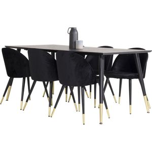 Dipp180x90BLBR eethoek eetkamertafel zwart en 6 Velvet eetkamerstal velours zwart, messing decor.