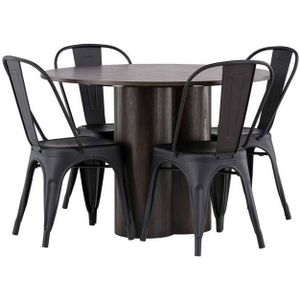 Olivia eethoek tafel mokka en 4 Tempe stoelen zwart.