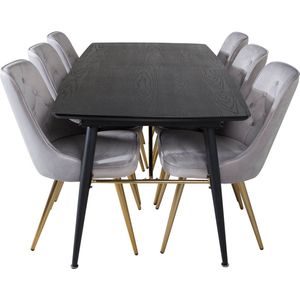 Gold eethoek eetkamertafel uitschuifbare tafel lengte cm 180 / 220 zwart en 6 Velvet Deluxe eetkamerstal velours lichtgrijs, messing decor.