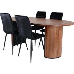 BiancaWA eethoek eetkamertafel Okkernoot decor en 4 Windu Lyx eetkamerstal velours zwart.