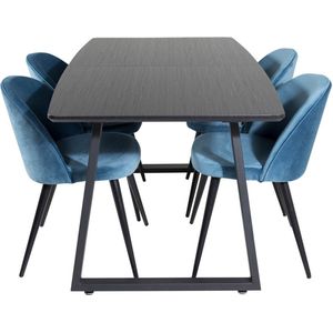 IncaBLBL eethoek eetkamertafel uitschuifbare tafel lengte cm 160 / 200 zwart en 4 Velvet eetkamerstal velours blauw, zwart.