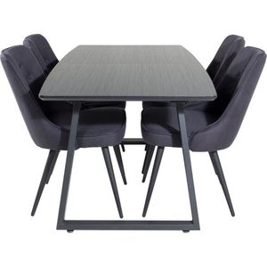 IncaBLBL eethoek eetkamertafel uitschuifbare tafel lengte cm 160 / 200 zwart en 4 Velvet Deluxe eetkamerstal zwart.