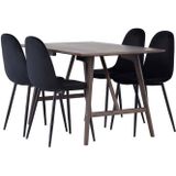 Kaseidon eethoek tafel bruin en 4 Polar stoelen zwart.