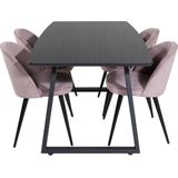 IncaBLBL eethoek eetkamertafel uitschuifbare tafel lengte cm 160 / 200 zwart en 4 Velvet eetkamerstal fluweel roze,