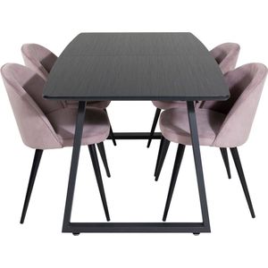 IncaBLBL eethoek eetkamertafel uitschuifbare tafel lengte cm 160 / 200 zwart en 4 Velvet eetkamerstal fluweel roze, zwart.