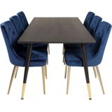 Dipp180x90BLBR eethoek eetkamertafel zwart en 6 Velvet Deluxe eetkamerstal velours blauw, messing decor.