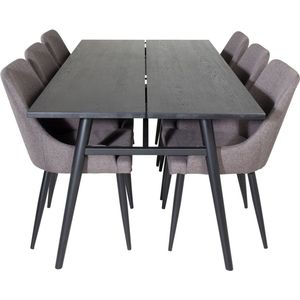 Sleek eethoek eetkamertafel uitschuifbare tafel lengte cm 195 / 280 zwart en 6 Plaza eetkamerstal grijs, zwart.