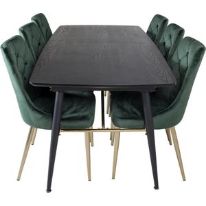 Gold eethoek eetkamertafel uitschuifbare tafel lengte cm 180 / 220 zwart en 6 Velvet Deluxe eetkamerstal velours groente, messing decor.