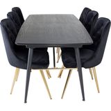 Gold eethoek eetkamertafel uitschuifbare tafel lengte cm 180 / 220 zwart en 6 Velvet Deluxe eetkamerstal velours zwart, messing decor.