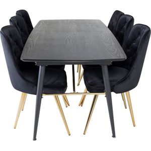 Gold eethoek eetkamertafel uitschuifbare tafel lengte cm 180 / 220 zwart en 6 Velvet Deluxe eetkamerstal velours zwart, messing decor.