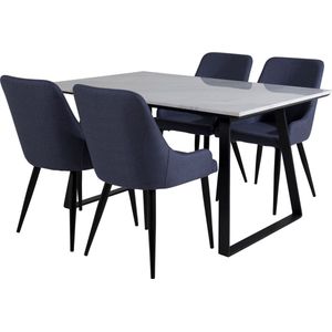 Estelle eethoek eetkamertafel marmer wit en 4 Plaza eetkamerstal blauw, zwart.