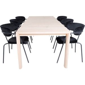 SliderWW eethoek eetkamertafel uitschuifbare tafel lengte cm 170 / 250 eik wit washeded en 6 Arrow eetkamerstal velours zwart.