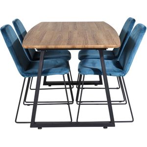 IncaNABL eethoek eetkamertafel uitschuifbare tafel lengte cm 160 / 200 el hout decor en 4 Muce eetkamerstal velours blauw.