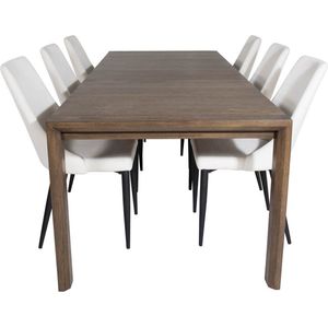 SliderOS eethoek eetkamertafel uitschuifbare tafel lengte cm 170 / 250 rokerig eik en 6 Leone eetkamerstal fluweel wit, zwart.